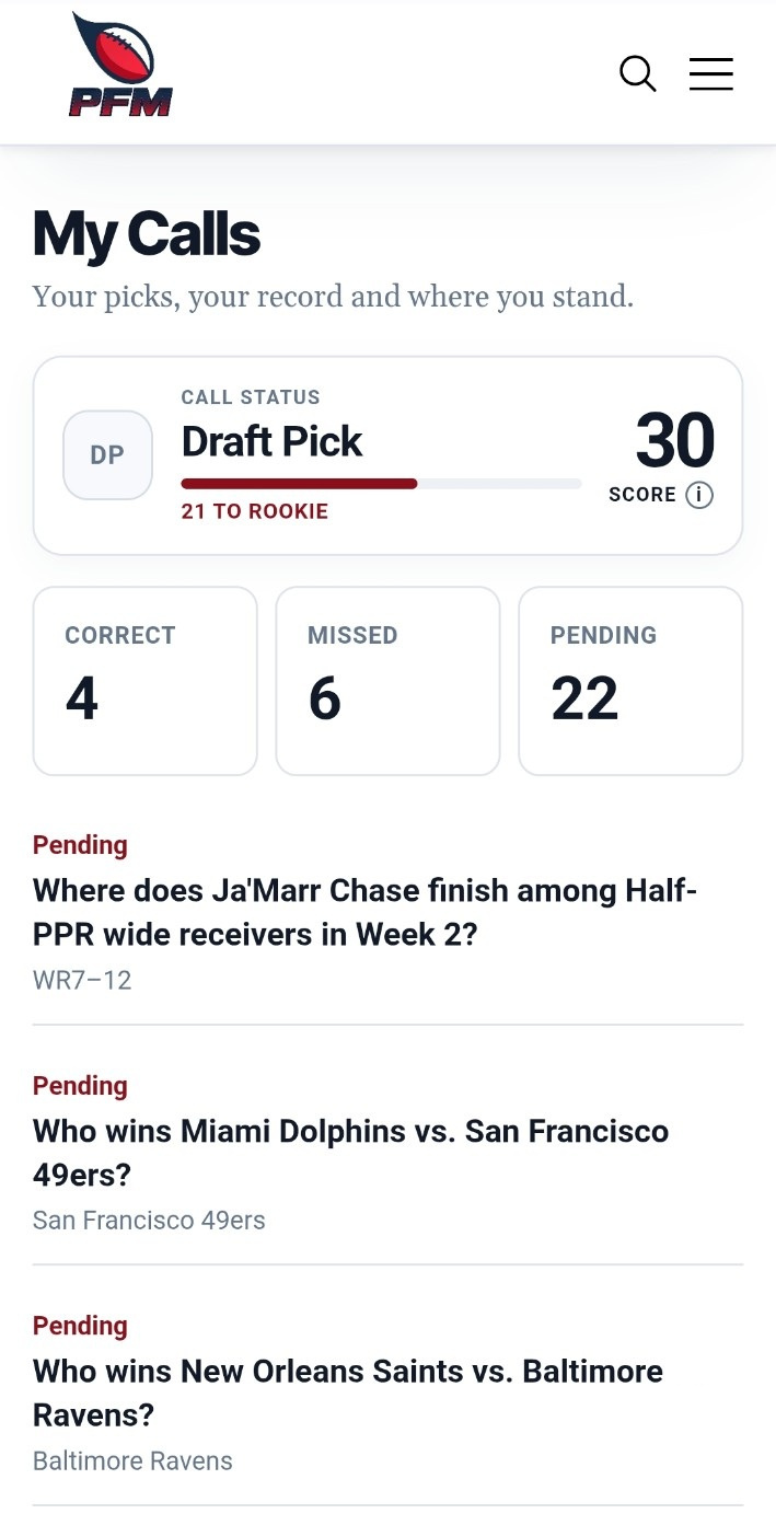 My PFM My Calls page with Call Status, score, and Correct, Missed and Pending totals.