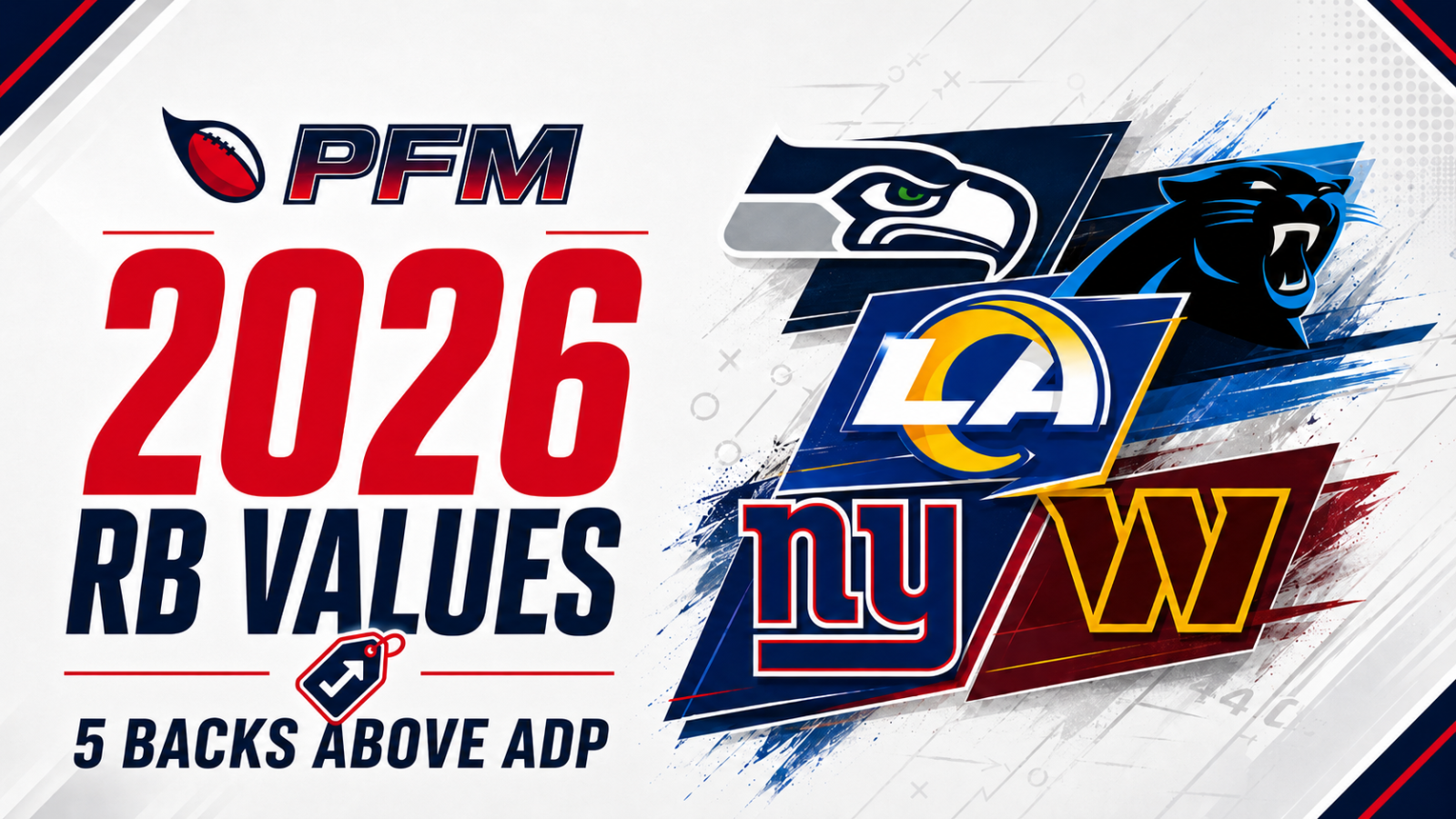 Five 2026 fantasy football running back values led by Jadarian Price and Jonathon Brooks.