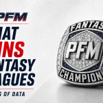 PFM fantasy football championship research graphic with a championship ring and five years of league-winning data
