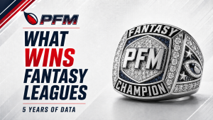 PFM fantasy football championship research graphic with a championship ring and five years of league-winning data