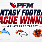 PFM fantasy football league winners graphic featuring Chargers, Broncos and Bears team logos.