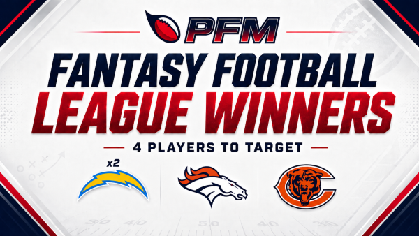 PFM fantasy football league winners graphic featuring Chargers, Broncos and Bears team logos.