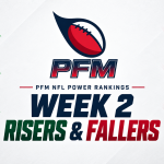 PFM Week 2 NFL power rankings graphic featuring Cardinals, Jets, Raiders, Rams, Broncos and Chargers team logos.
