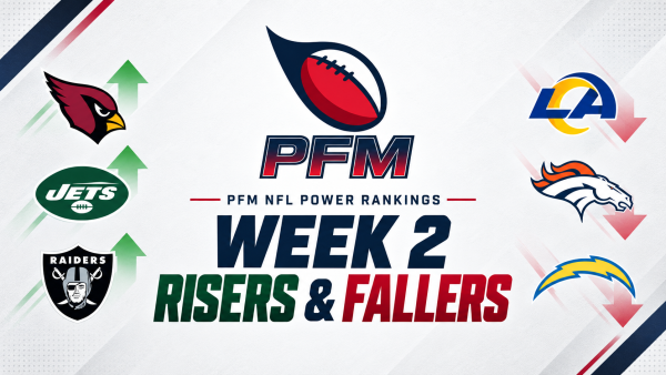 PFM Week 2 NFL power rankings graphic featuring Cardinals, Jets, Raiders, Rams, Broncos and Chargers team logos.