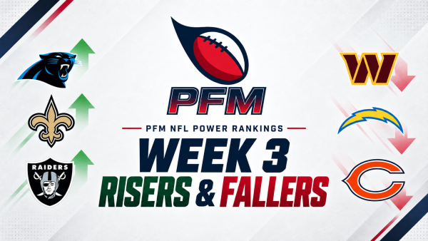 PFM Week 3 NFL power rankings graphic featuring Panthers, Saints, Raiders, Commanders, Chargers and Bears team logos.