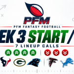 PFM Week 3 fantasy football Start/Sit graphic for seven lineup calls.