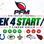 PFM Week 4 fantasy football Start/Sit graphic for seven lineup calls.