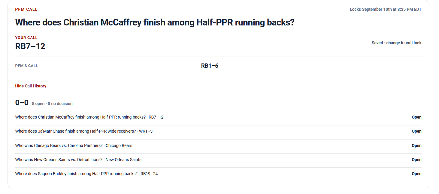 PFM fantasy Call for Christian McCaffrey showing a saved RB7-12 pick, PFM's RB1-6 call and private Call History.