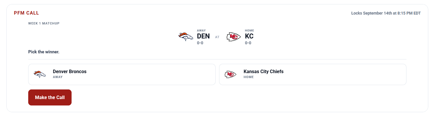 PFM Call Week 1 matchup between the Denver Broncos and Kansas City Chiefs with the Make the Call button.