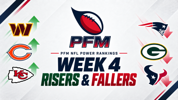 PFM Week 4 NFL power rankings graphic featuring Commanders, Bears, Chiefs, Patriots, Packers and Texans team logos.